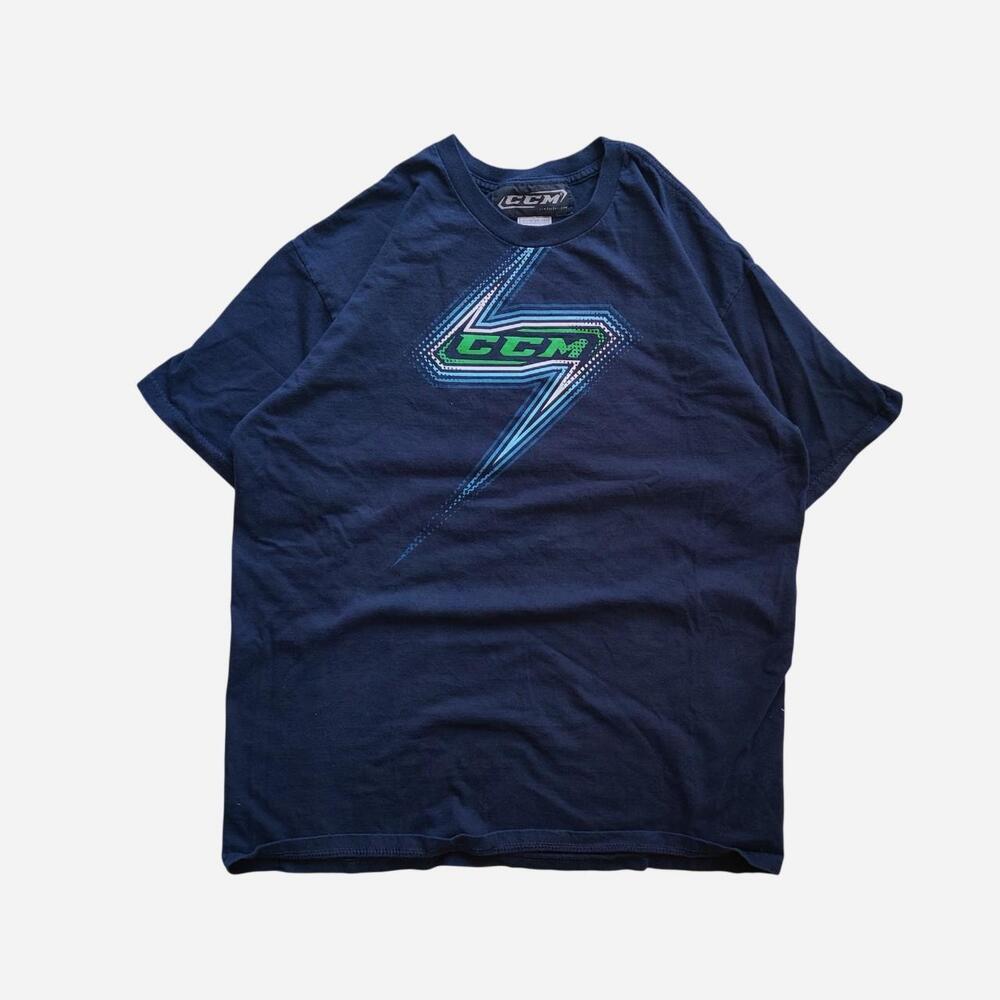 Navy blue CCM cotton t-shirt with green and blue CCM logo